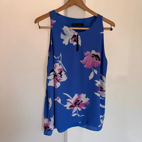 Jasmine & Juliana Blue‎ With Tropical Flowers Top Sleeveless Blouse - Picture 3 of 11